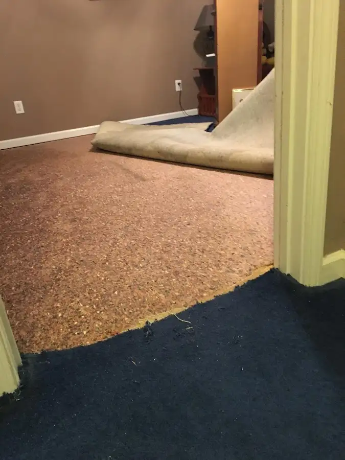 Carpet pad removal revealing water damage during Drying & Dehumidification in Jefferson